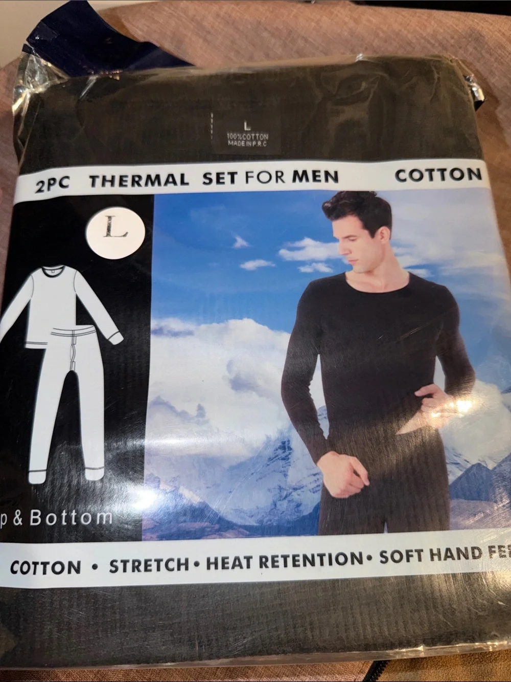 Men's 2pc Thermal Set - Black Cotton Long Sleeve Top & Bottom